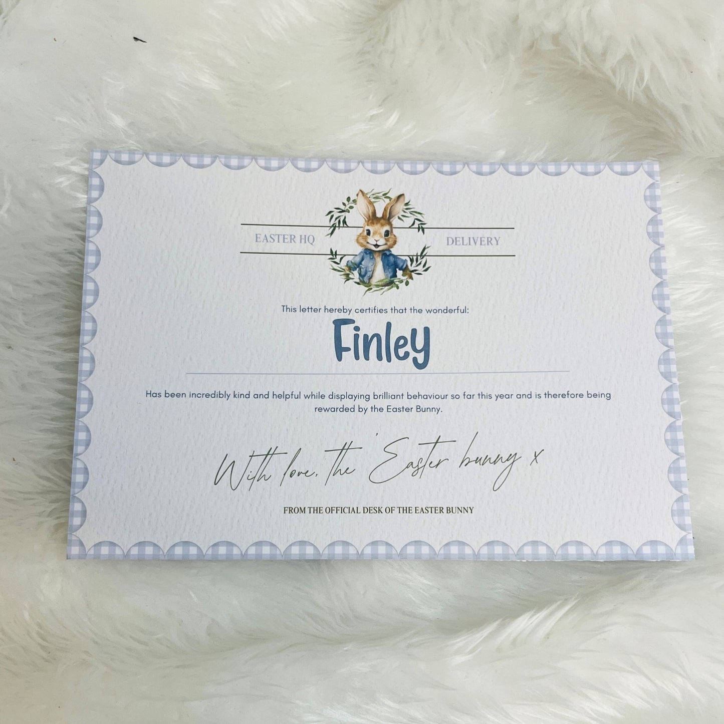 A5 certificate from the Easter Bunny in Blue on a white background