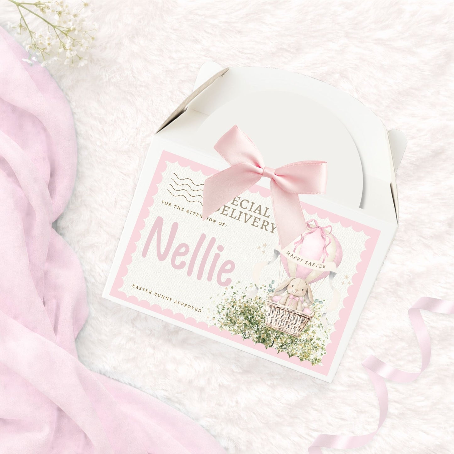 Cardboard easter treat box with 'special delivery'label and personalised name with matching pale pink bow