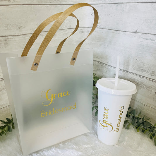Luxury Frosted Gift Bag with Matching Cold Cup Gift Set, Bridal Party Gifts