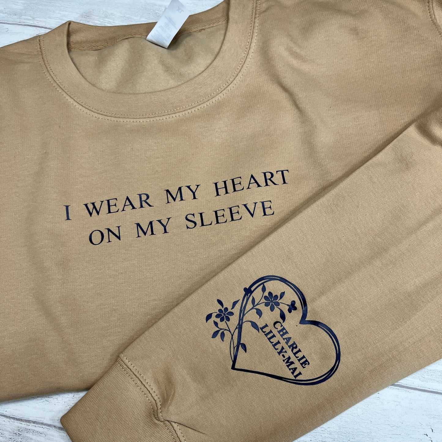 Personalised I wear my heart on my sleeve Jumper/Sweatshirt, Kids name on sleeve, Gift for Mums