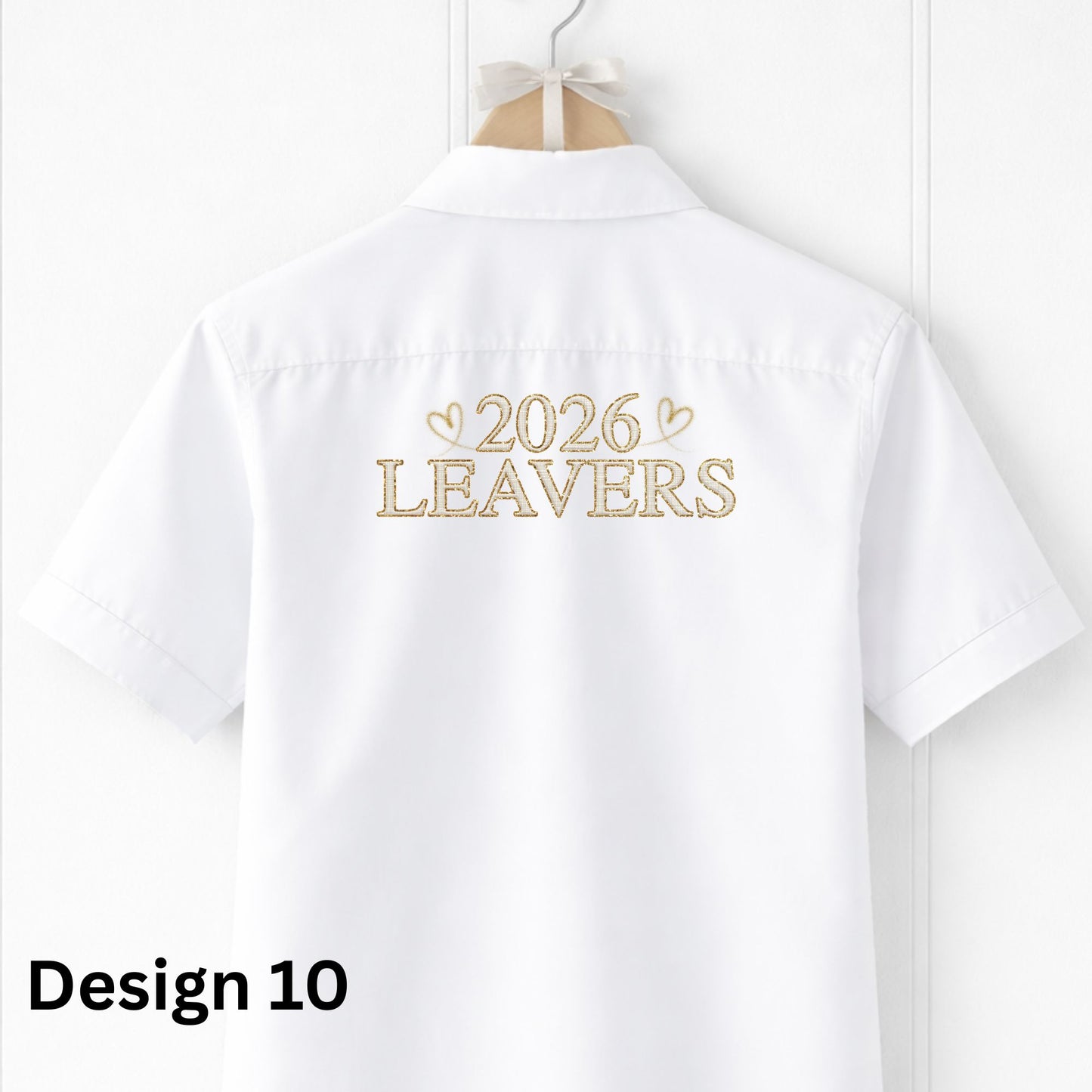 White shirt with '2026 LEAVERS' text in an embroidery design on a hanger against a white background