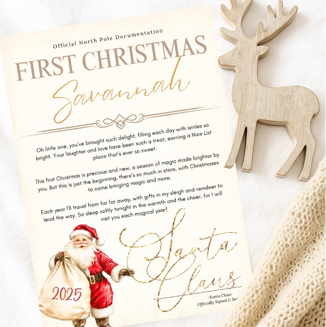 Letter from Santa Claus for a child named Savannah with a wooden reindeer decoration on a white background.