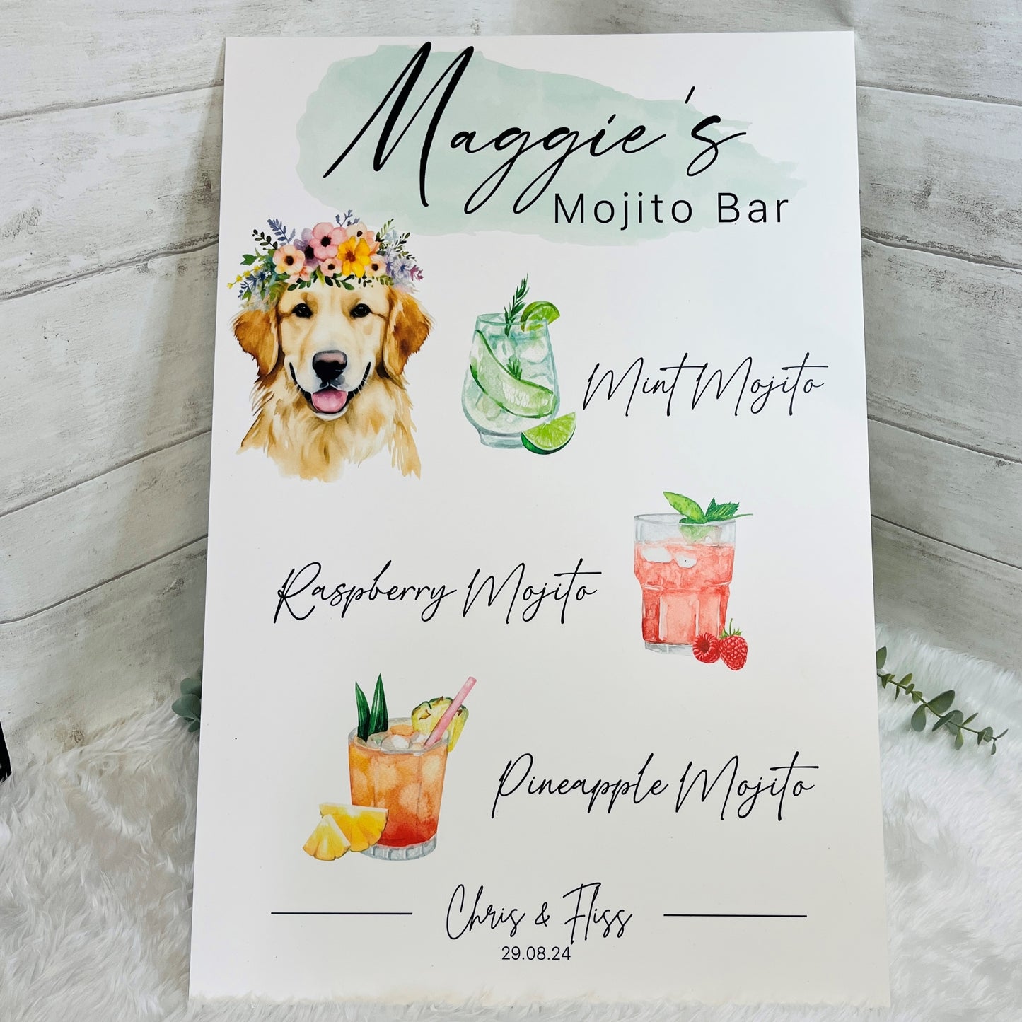 Maggie's Mojito Bar menu with a dog illustration and mojito drink graphics on a wooden surface.
