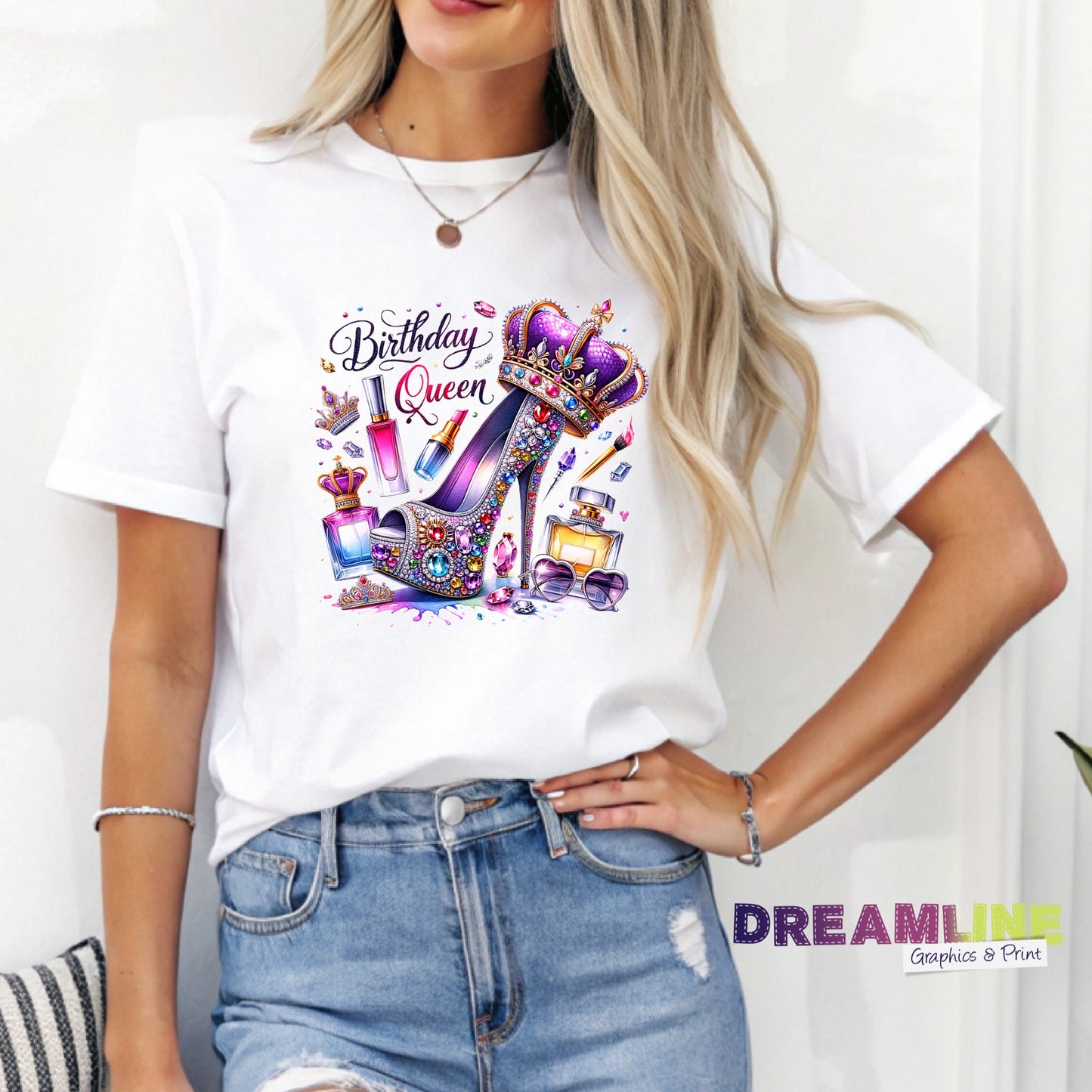 Person wearing a white t-shirt with 'Birthday Queen' design featuring high heels, lipsticks, and perfume bottles.