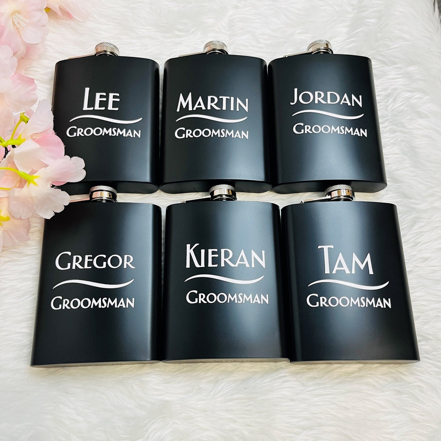 Set of 6 personalised black hip flasks