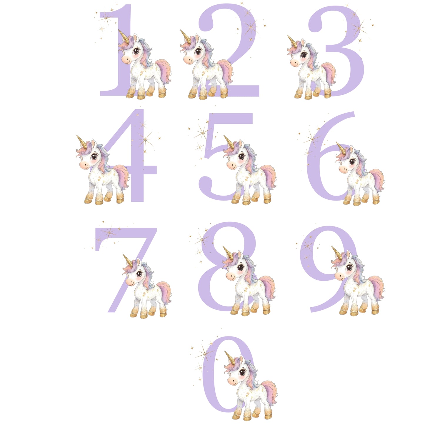 Unicorn-themed numbers on a white background