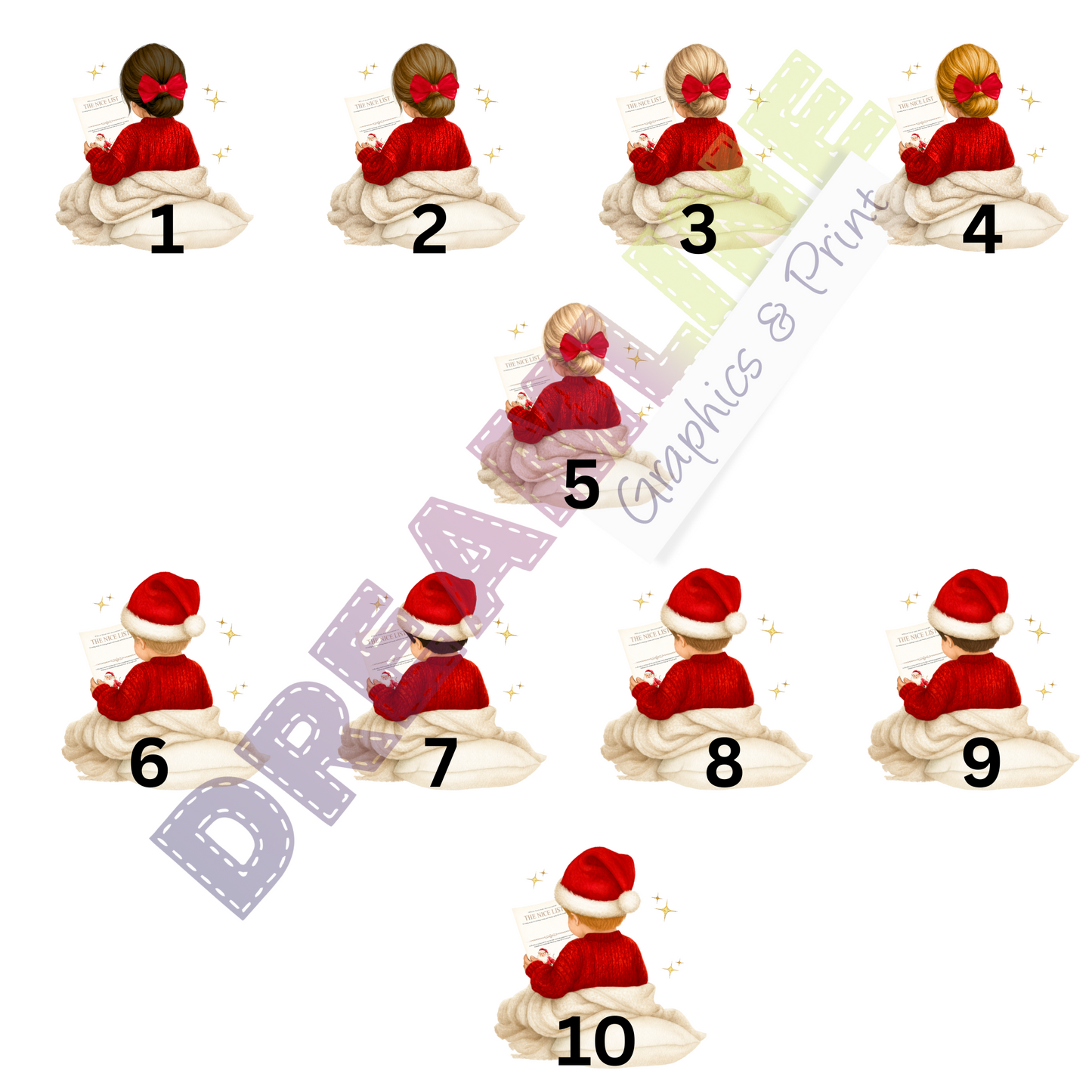 A selection of choices for a little girl or boy with different coloured hair, sitting on a cream cushion in a red jumper with a Nice List Certificate in their hand and a logo of Dreamline Graphics across the image