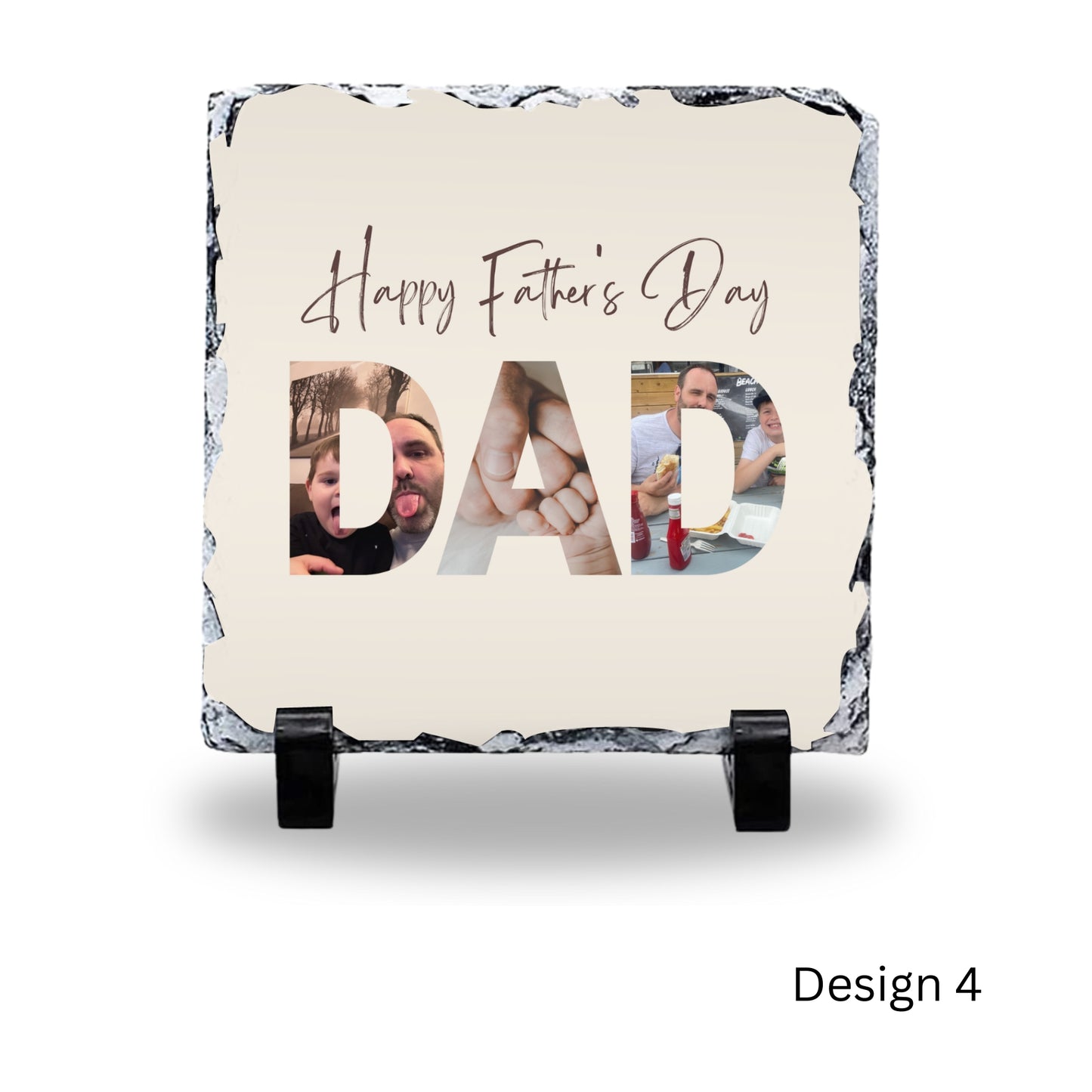 A personalised photo rock slate with a family photo and a message for Father's Day.