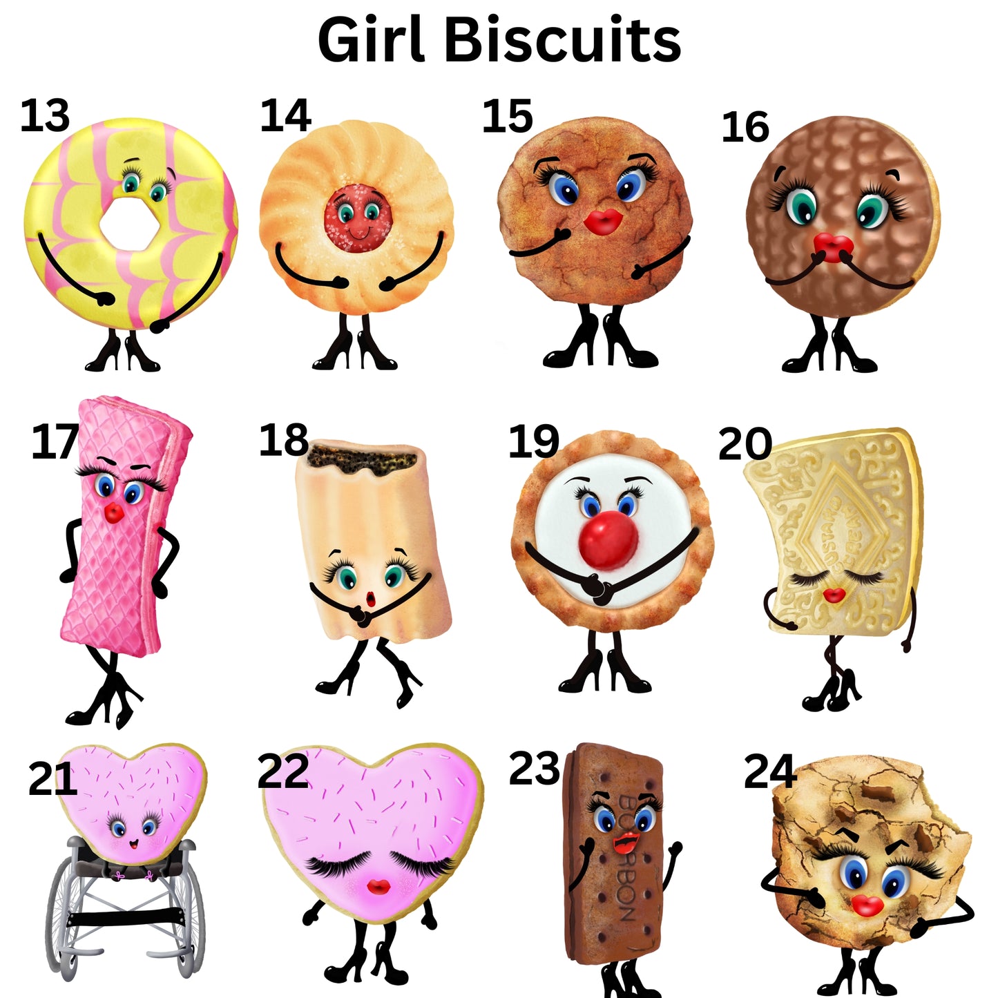 Animated girl biscuits with various shapes and expressions on a white background.