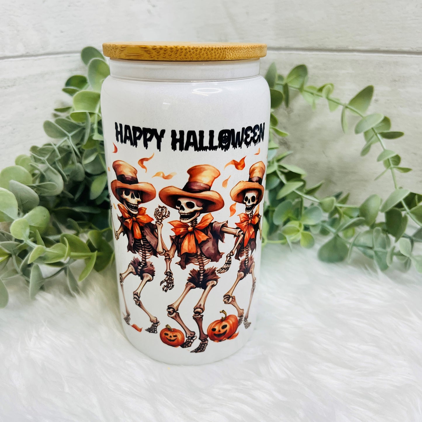 Halloween Glass Cans with Bamboo Lid and straw, Spooky vibes