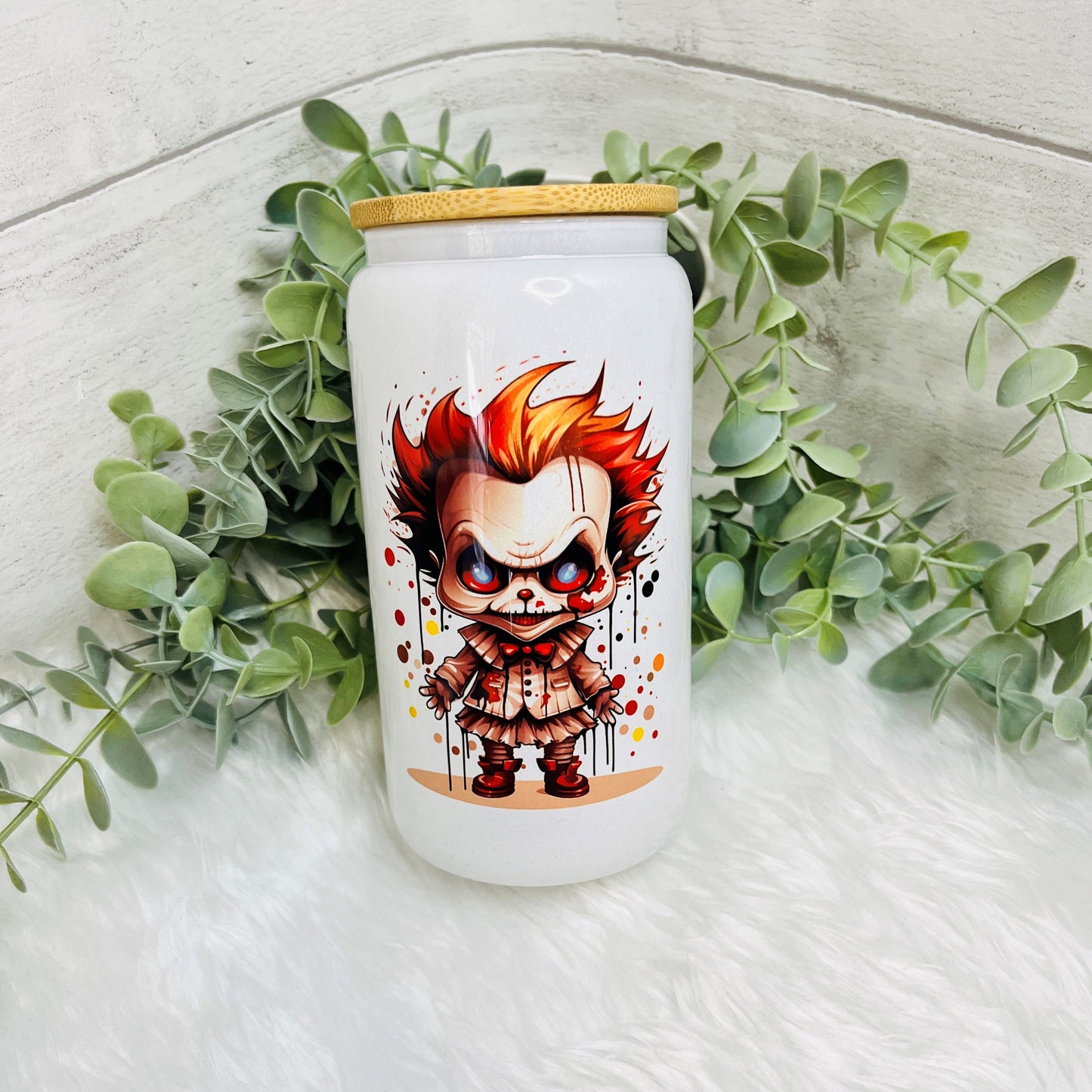 Halloween Glass Cans with Bamboo Lid and straw, Spooky vibes