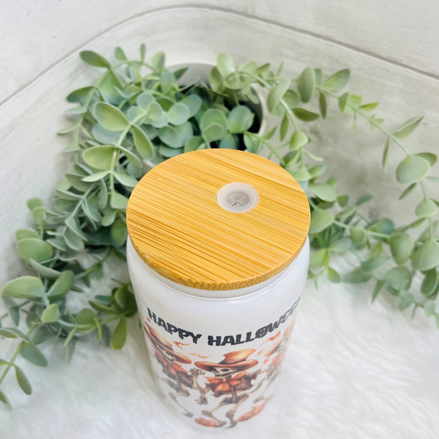 Halloween Glass Cans with Bamboo Lid and straw, Spooky vibes