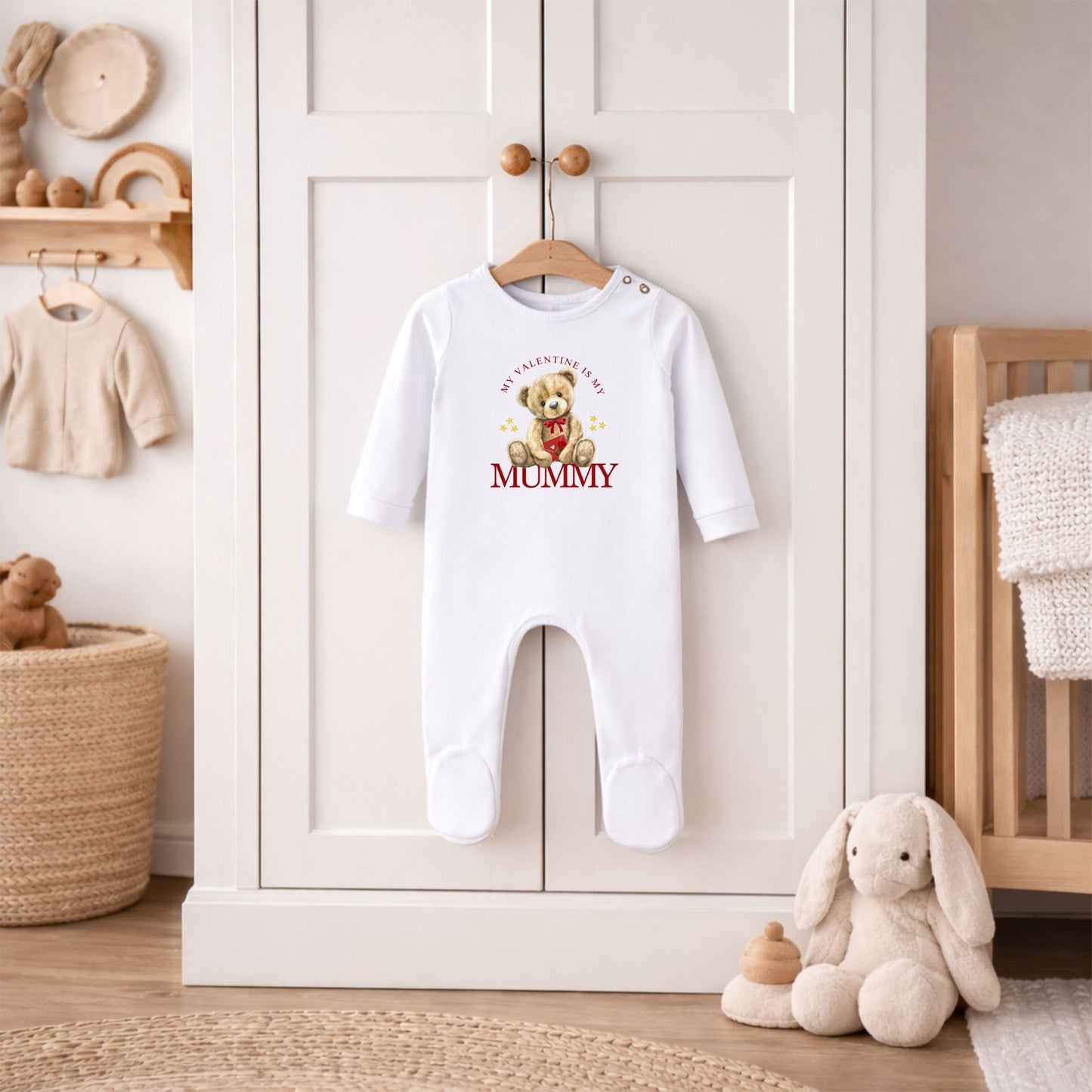 Baby Valentine sleepsuit with “My Valentine is Mummy” text in soft cotton