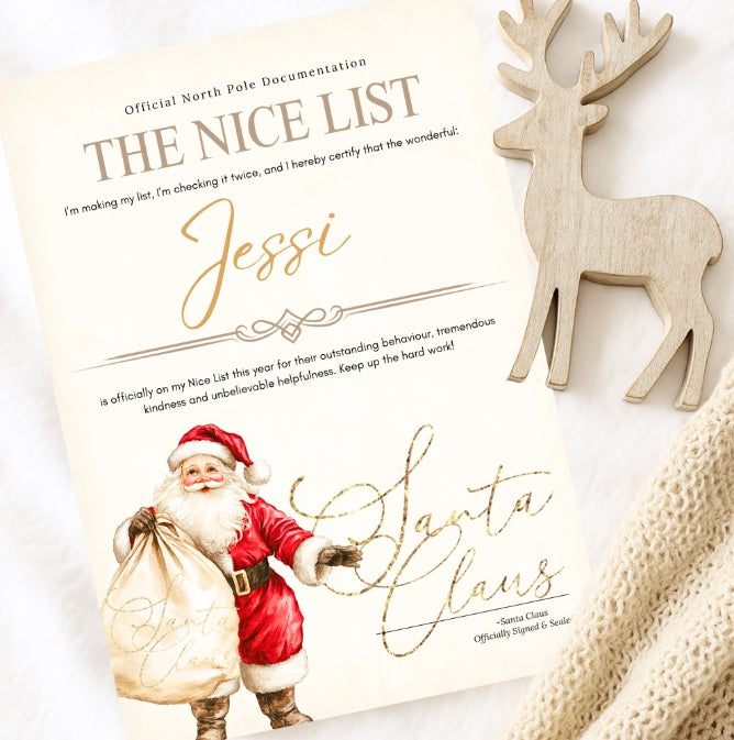 Letter from Santa Claus on a white background with a wooden reindeer figurine.
