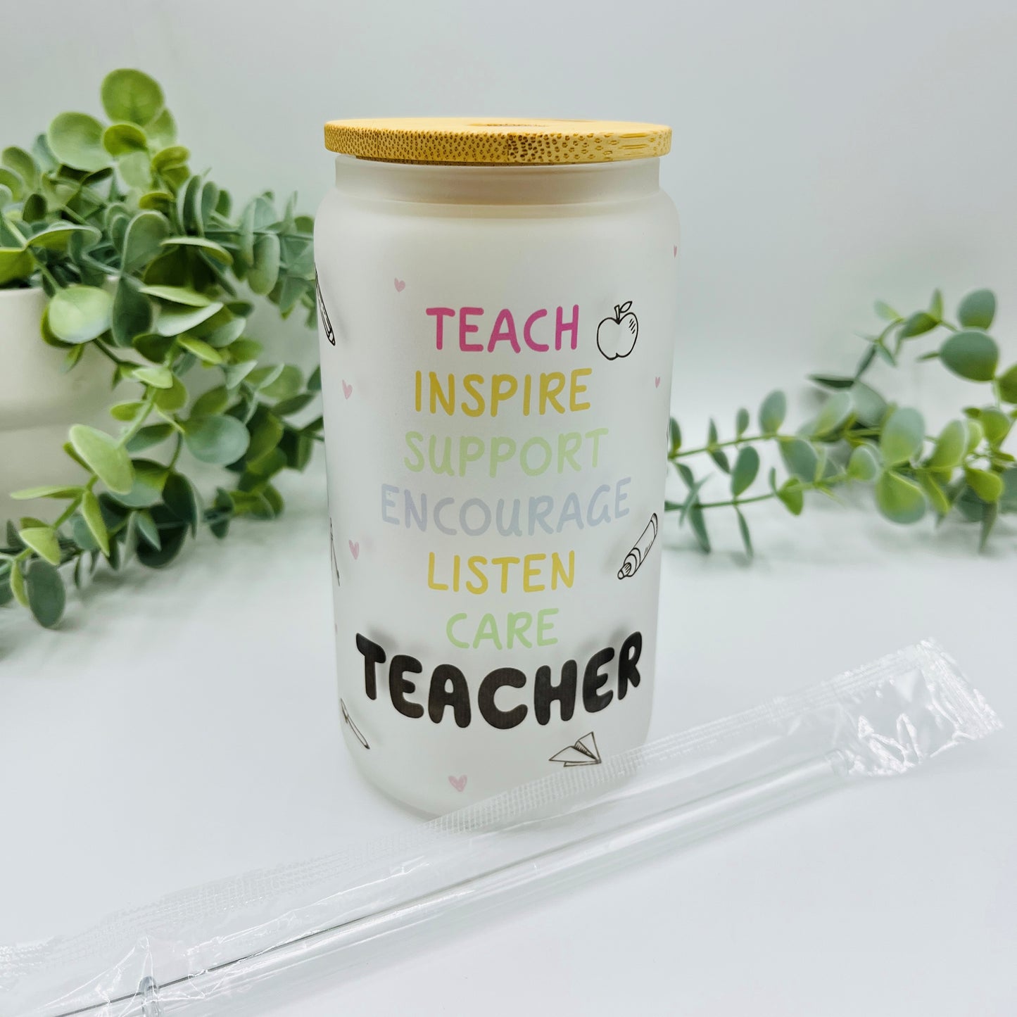 Teacher End of Term Leaving gift, Libby 16oz glass can with bamboo lid and straw