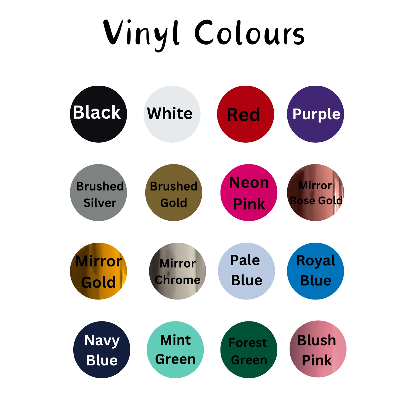 Chart of vinyl colors with labels on a white background