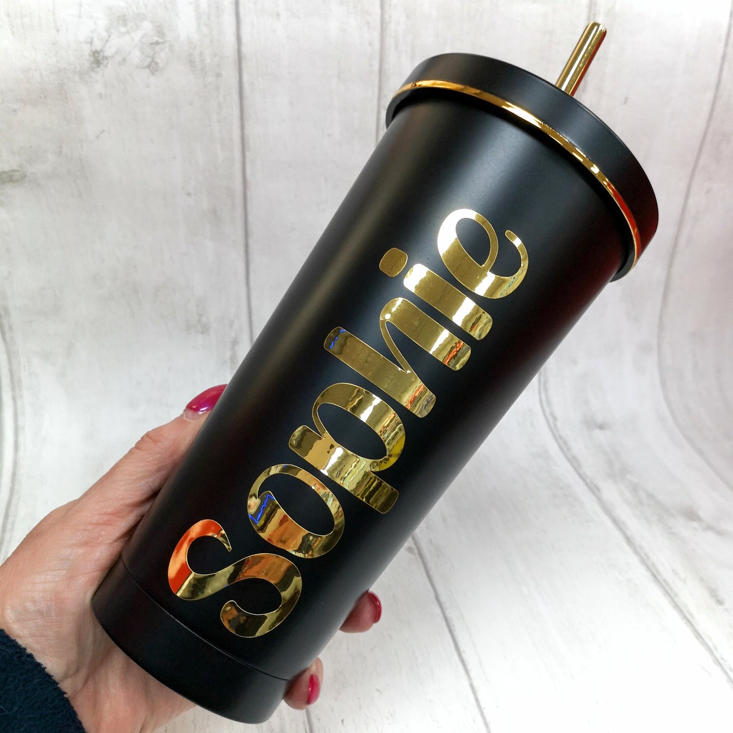 Tumbler with Gold Rim and Lid and straw,  Stainless Steel Personalised Insulated Tumbler