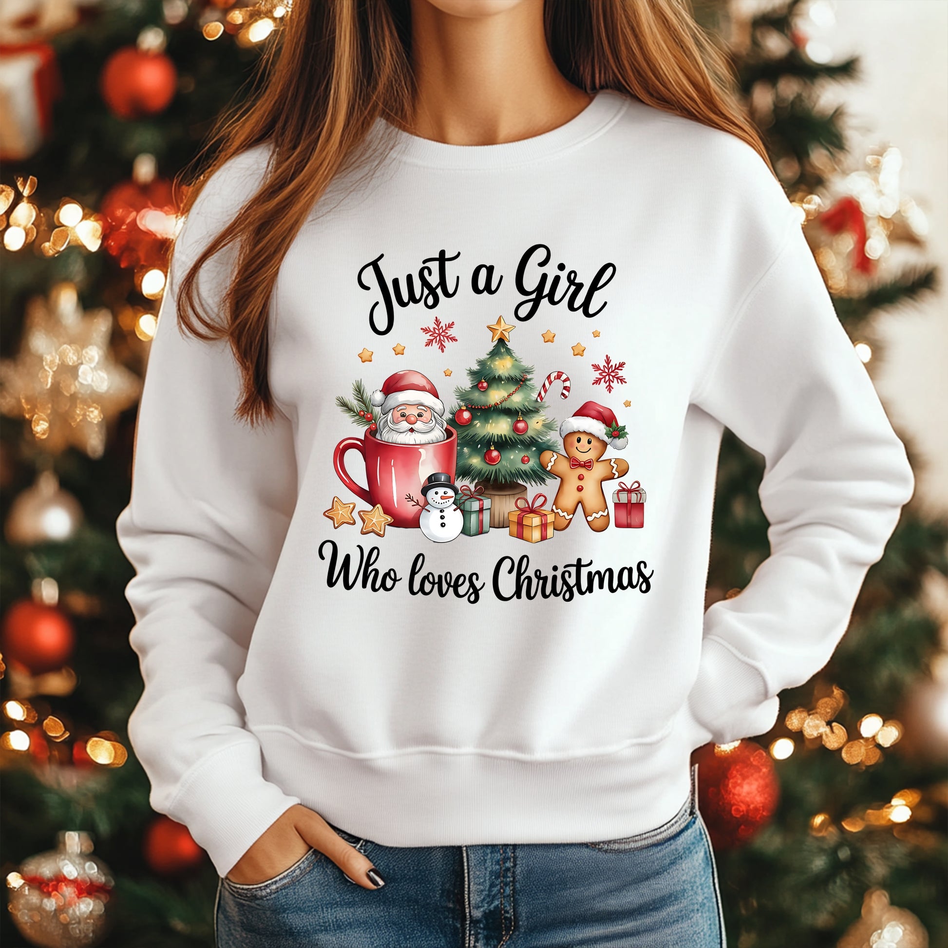 Ladies Christmas jumper with colourful festive design and “Just a Girl Who Loves Christmas” text