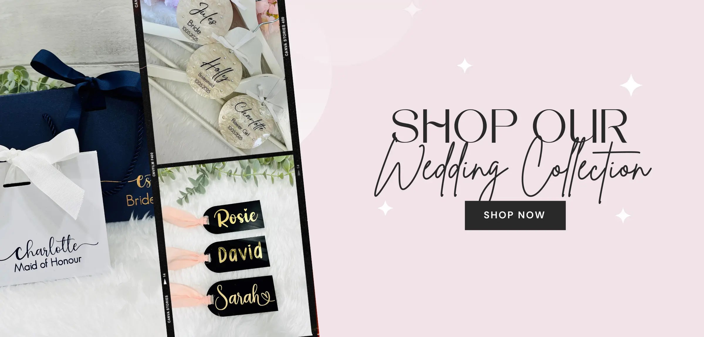 Promotional banner for a wedding collection with personalized name labels and a 'Shop Now' button.