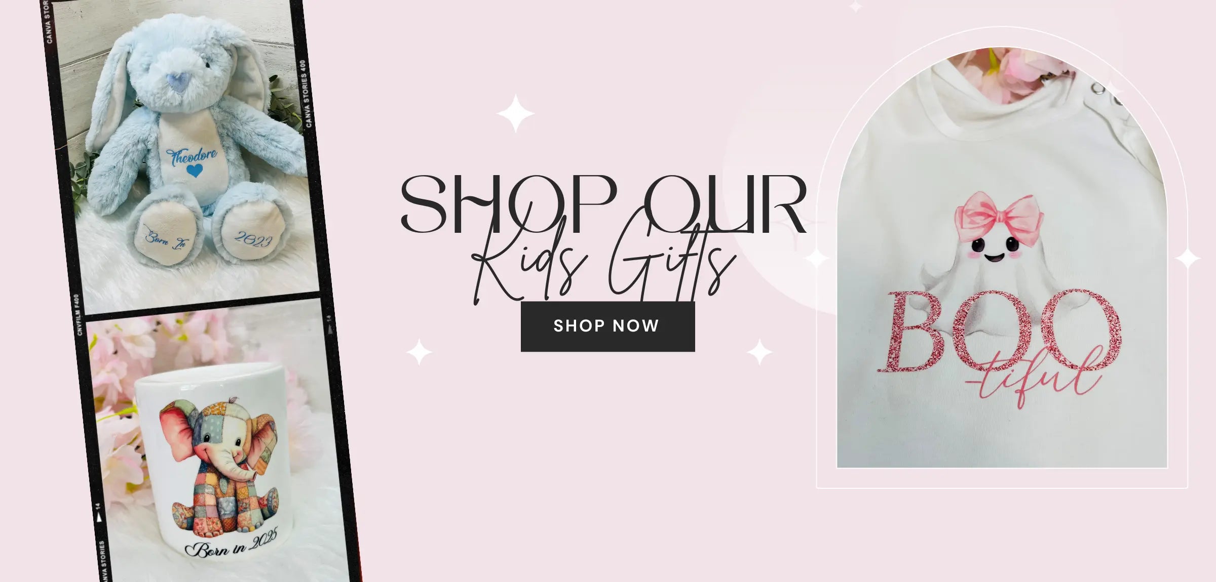 Promotional banner for kids' gifts with a teddy bear, mug, and baby blanket on a pink background.