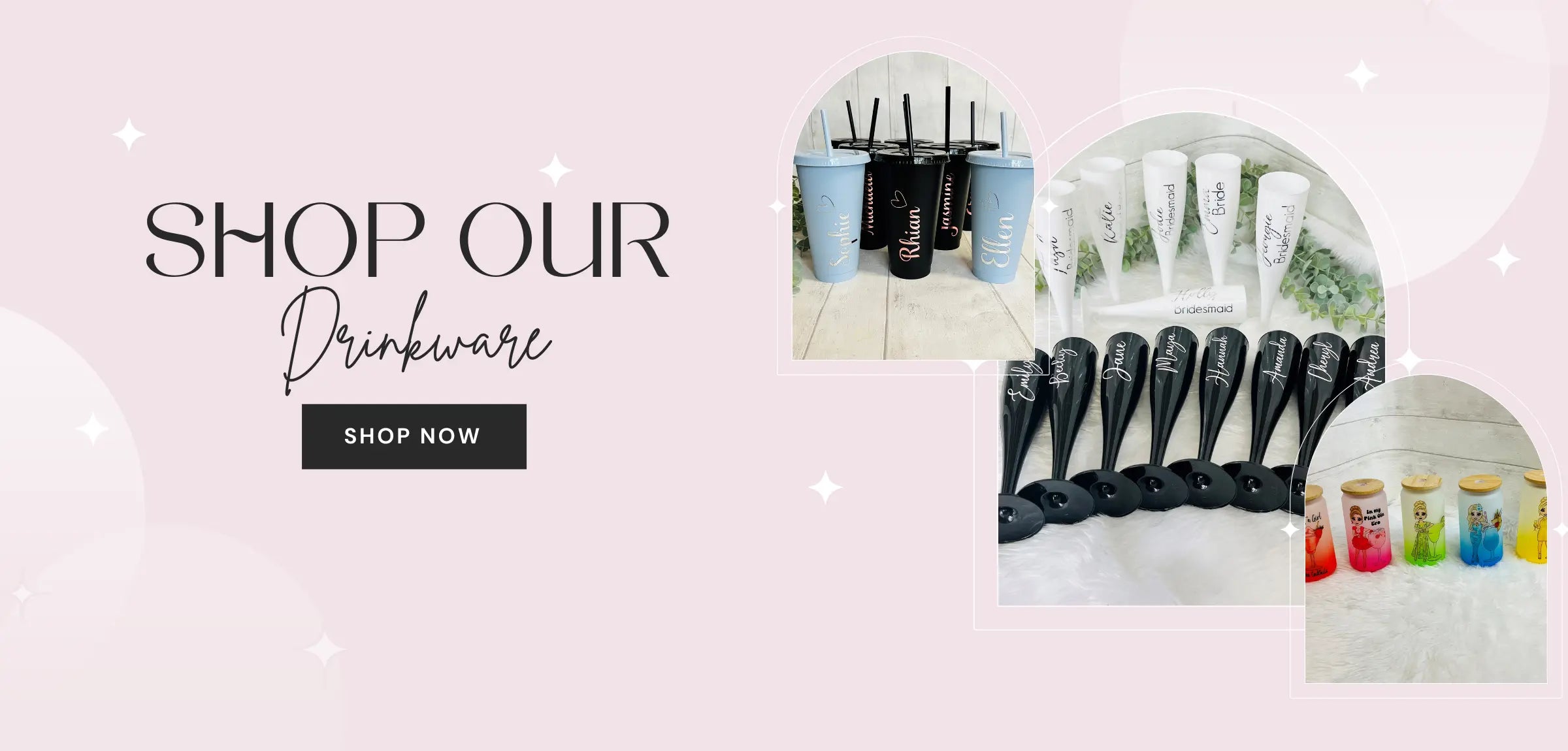 Promotional banner for drinkware with various items on a light pink background.