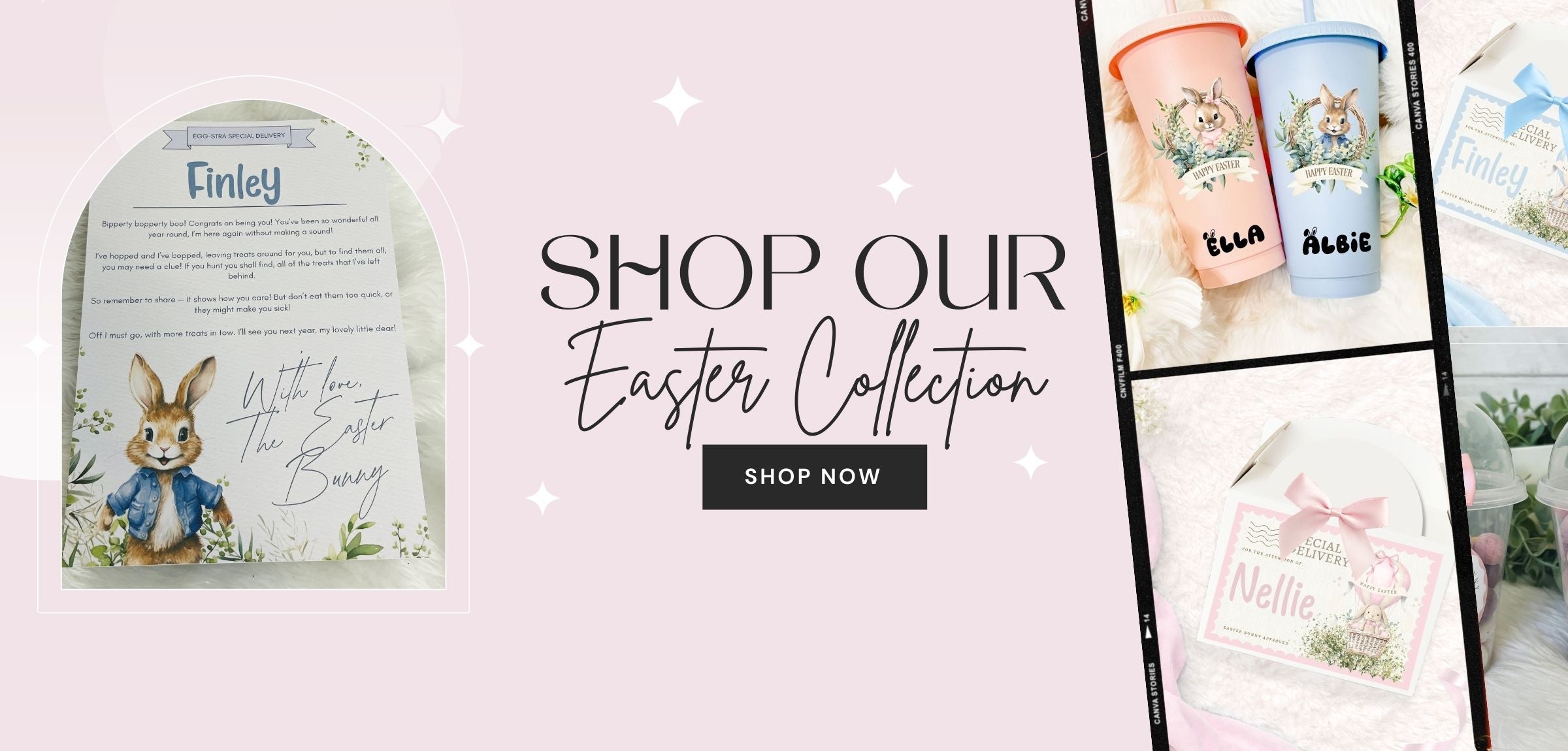 Promotional banner for Easter collection with products and text on a light pink background