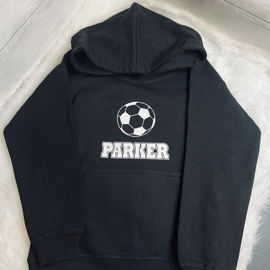 Black hoodie with soccer ball design and 'PARKER' text  in white