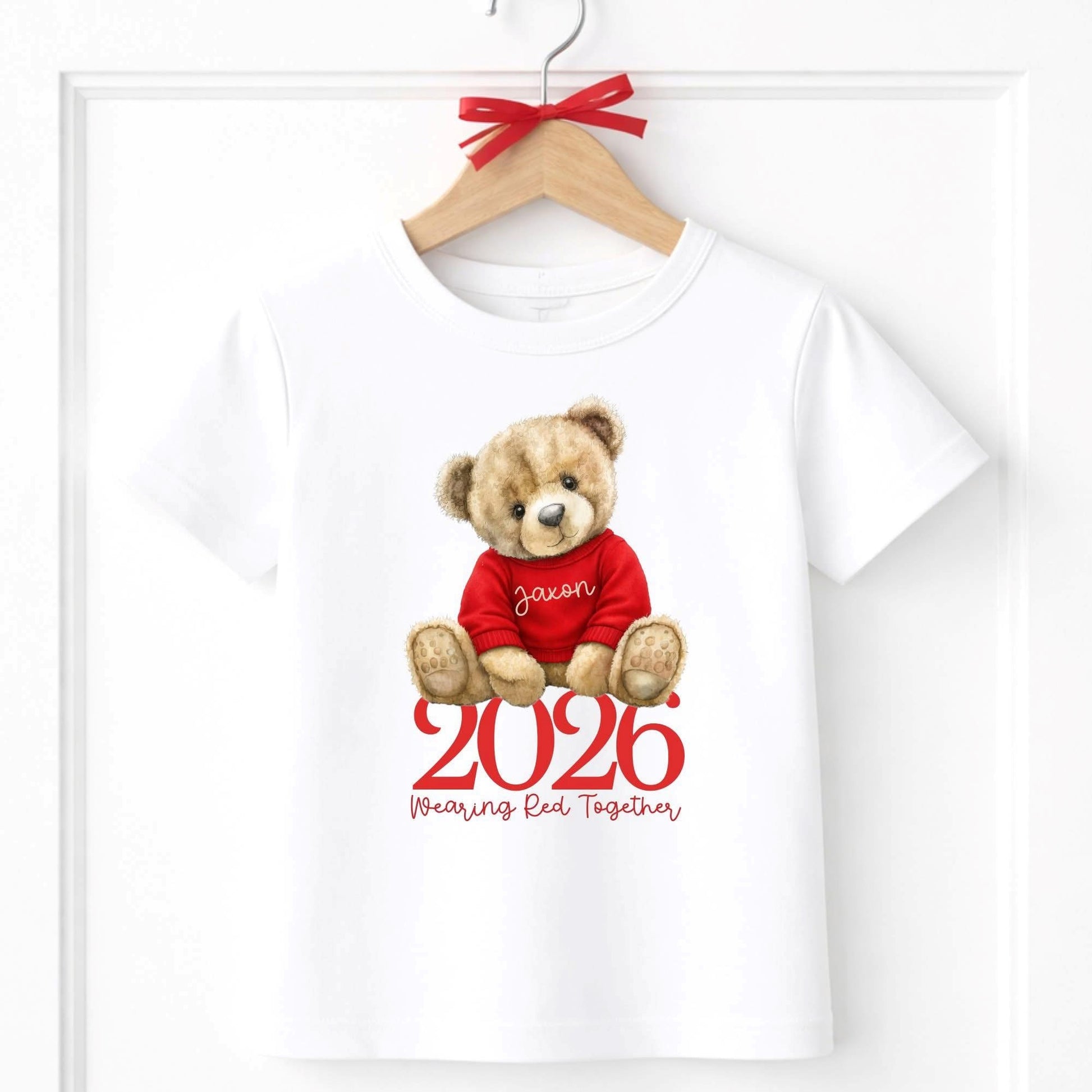 White T-Shirt with a Boy teddy personalised on the front with a red nose day 2026 design