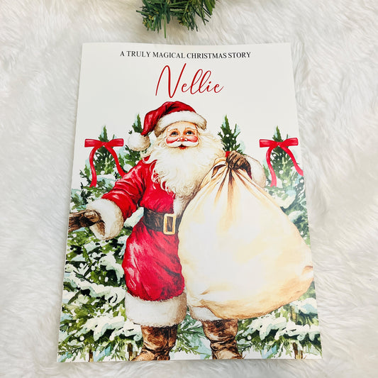Book cover with Santa Claus holding a sack against a snowy background, titled 'A Truly Magical Christmas Story Nellie'.