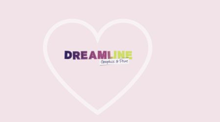 Dreamline Graphics and Print logo used for footer image on website in a white heart on a soft pink background