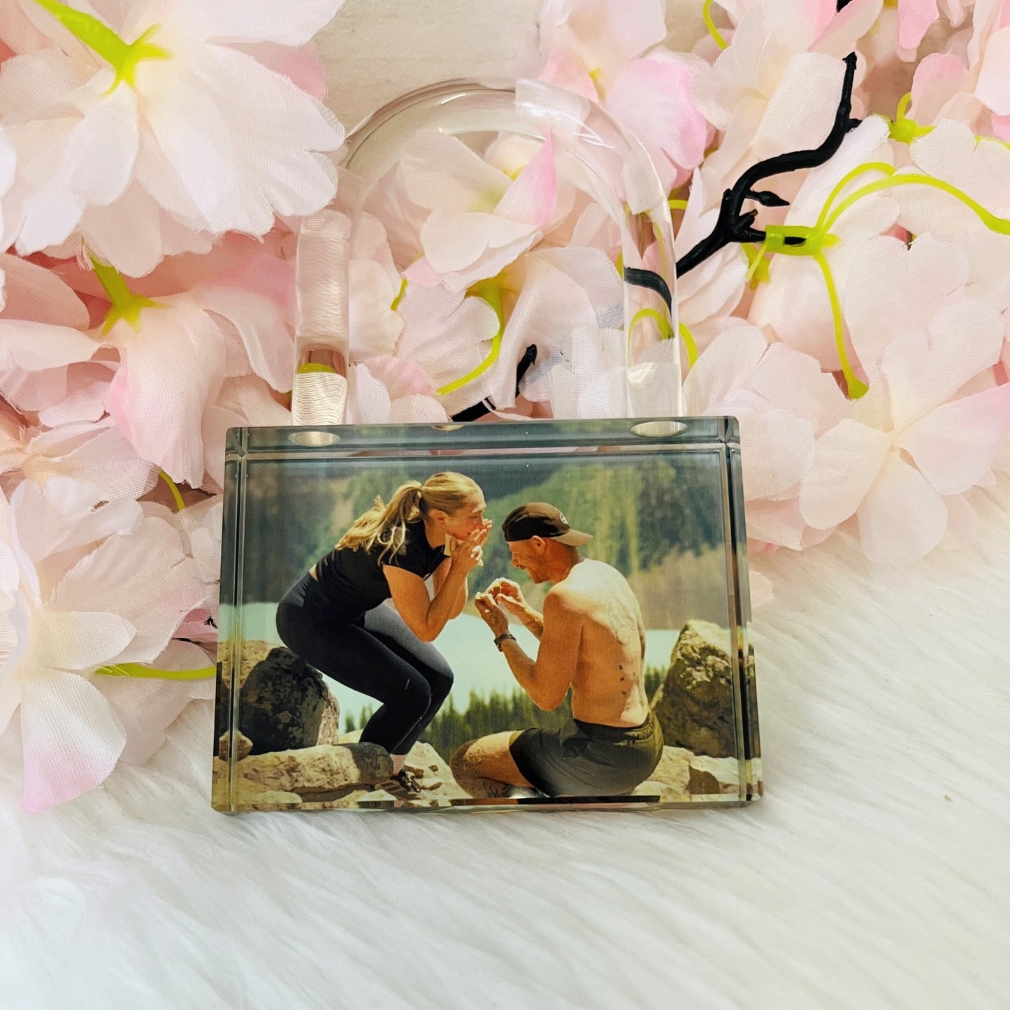 Personalised crystal love lock sublimated with a custom photo, perfect as an anniversary, wedding or Valentine's Day keepsake gift.
