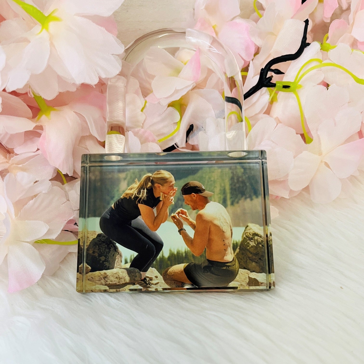 Personalised crystal love lock sublimated with a custom photo, perfect as an anniversary, wedding or Valentine's Day keepsake gift.