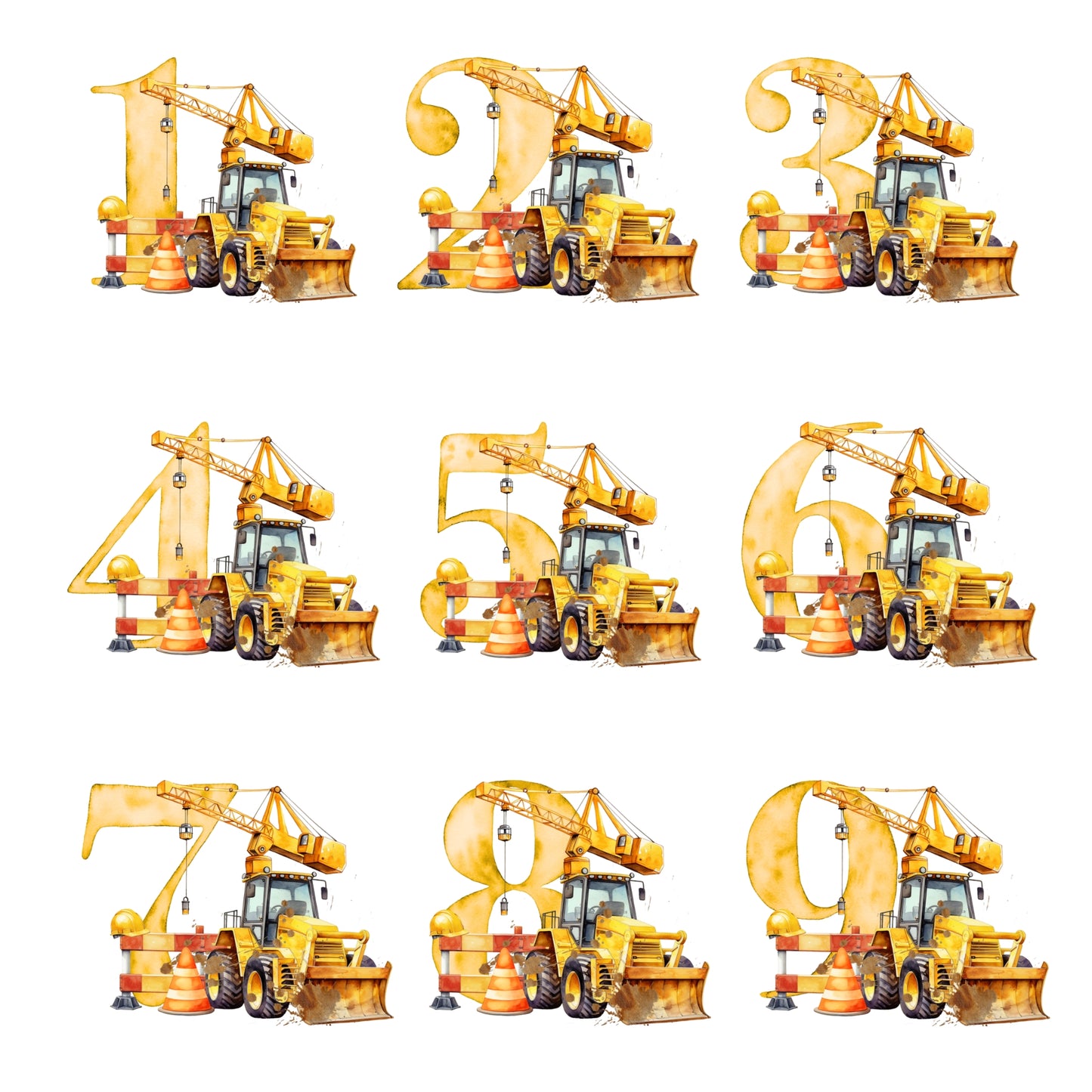 A choice sheet of numbers 1-9 for Digger T-shirts