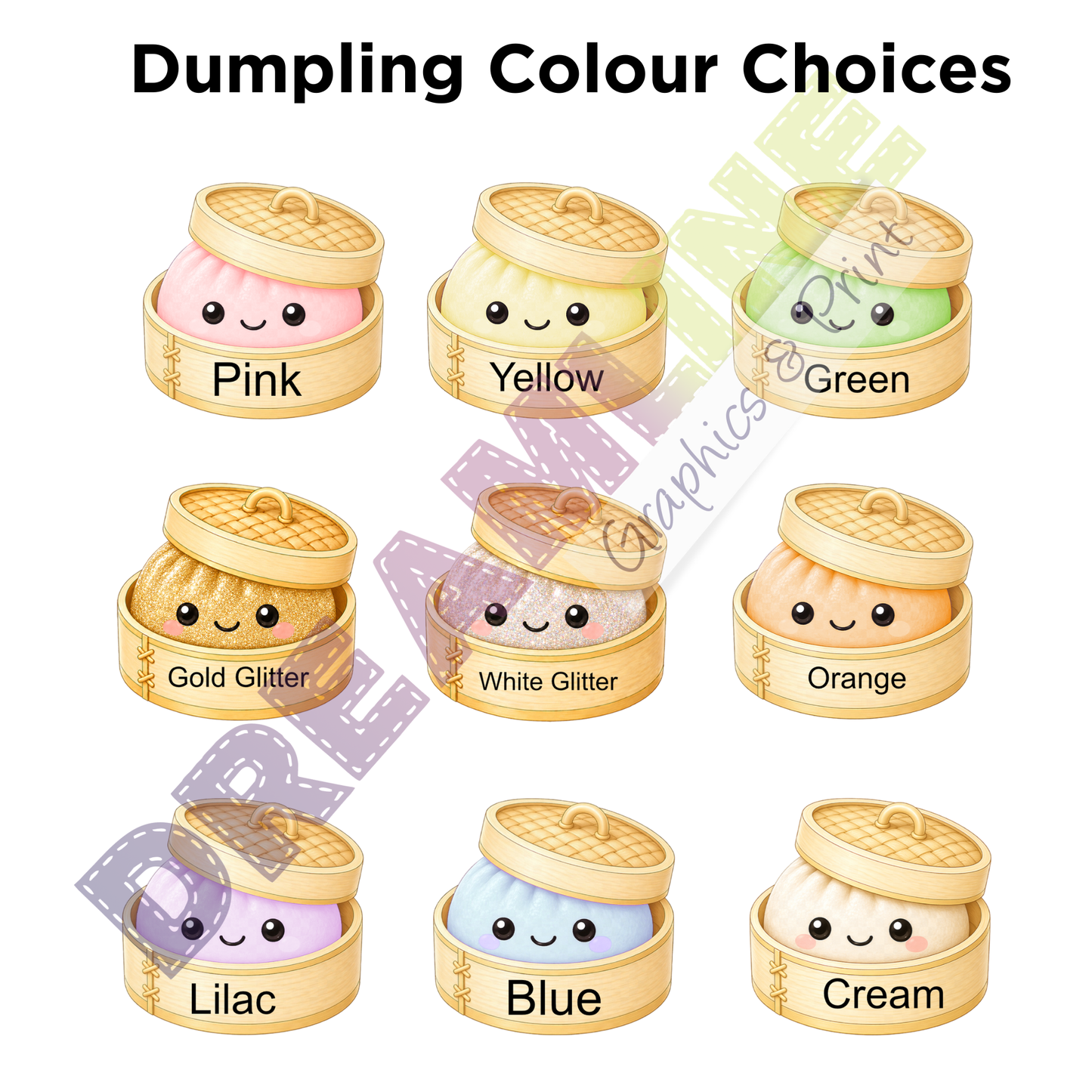Color options for dumplings with corresponding colors and glitter types.