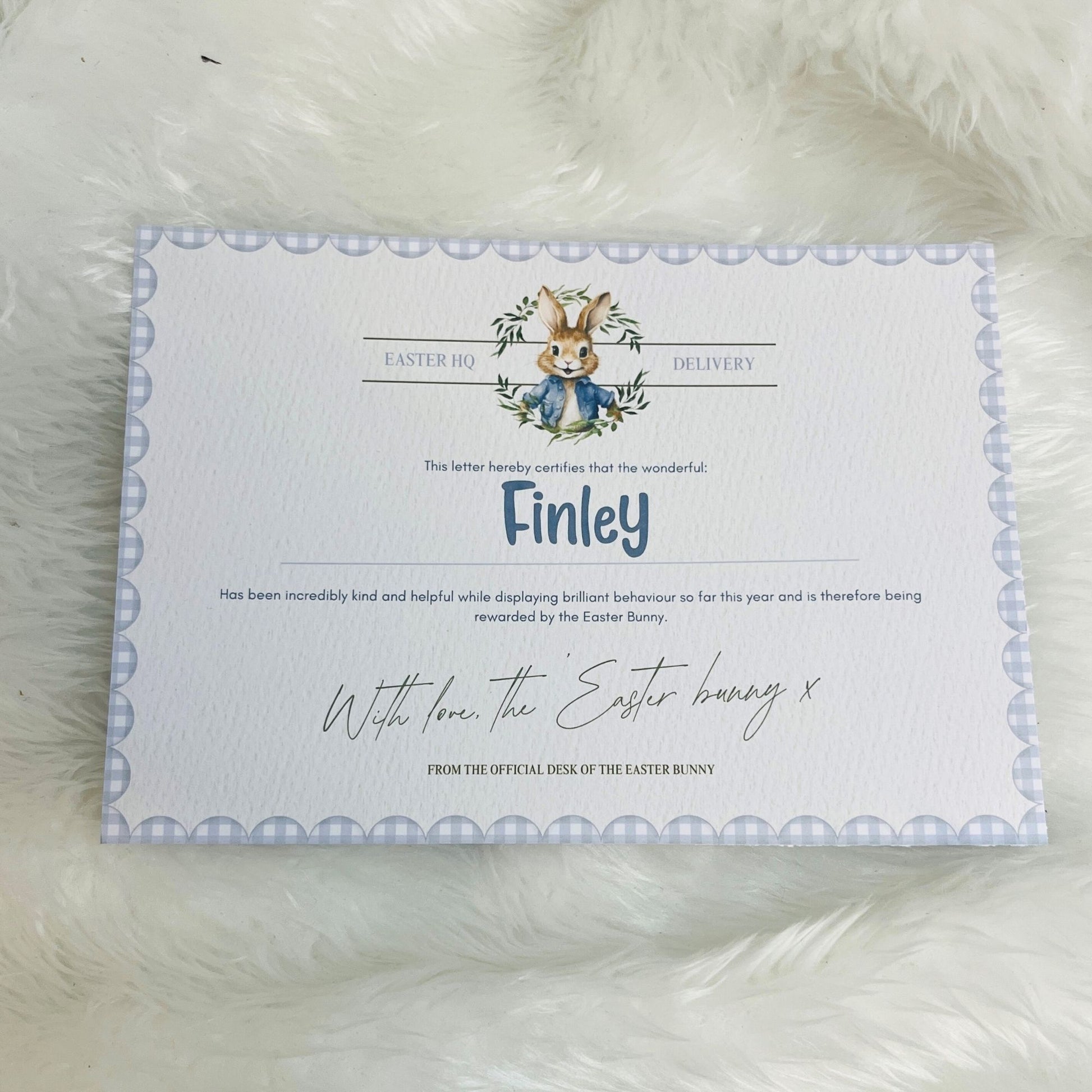 A5 certificate from the Easter Bunny in Blue on a white background