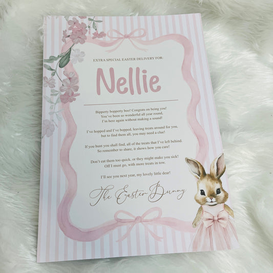 Pink Letter from the Easter Bunny addressed to 'Nellie' on a striped background