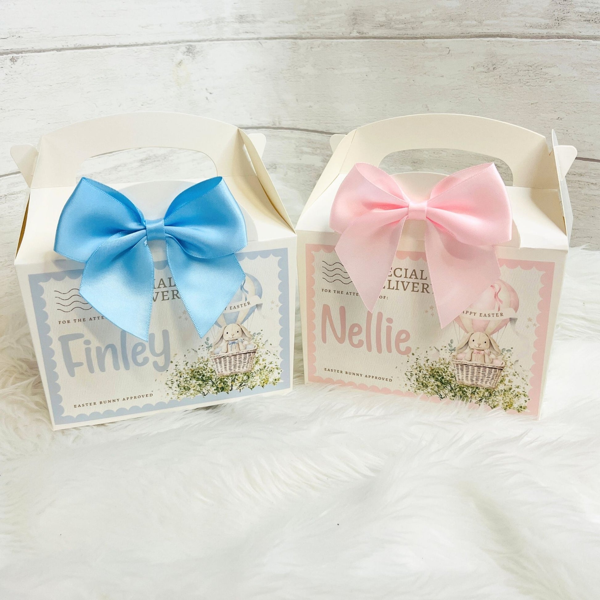 Easter Treat Boxes with hot air balloon bunny design on a 'special delivery' label with co-ordinating bows
