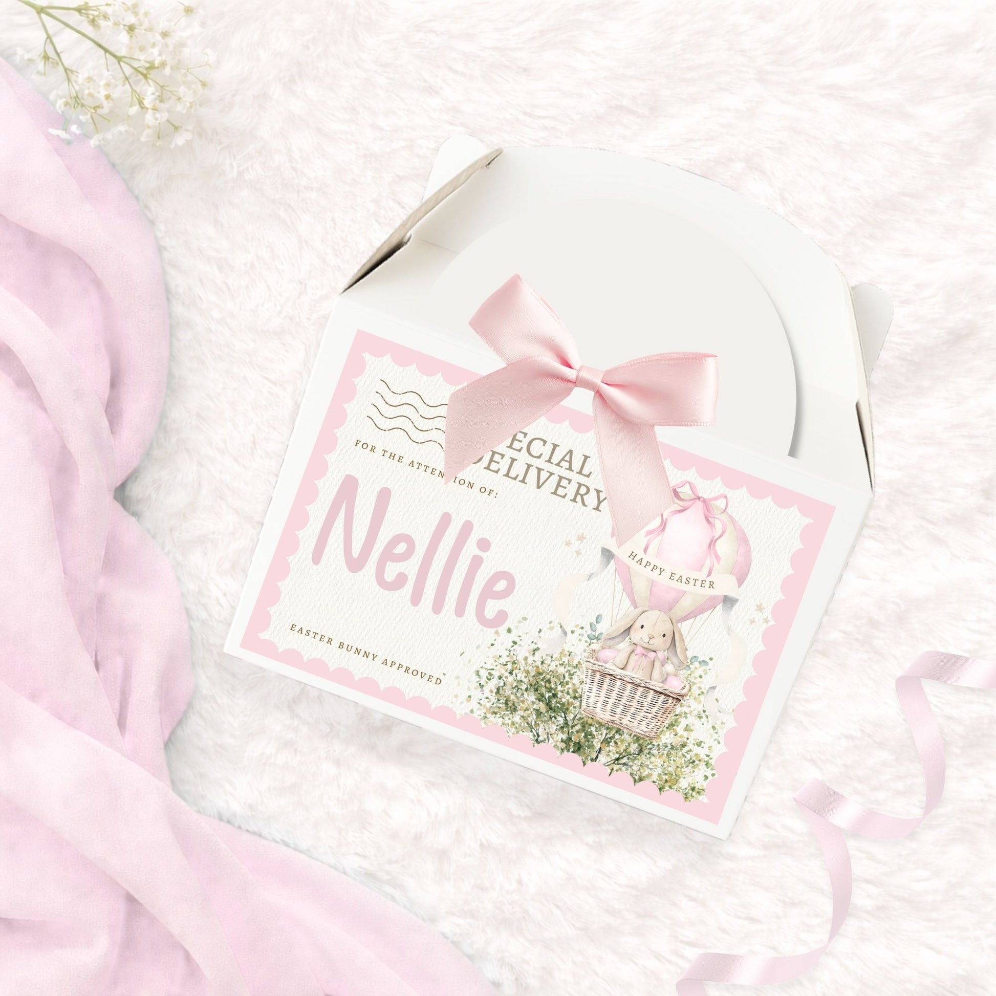 Cardboard easter treat box with 'special delivery'label and personalised name with matching pale pink bow