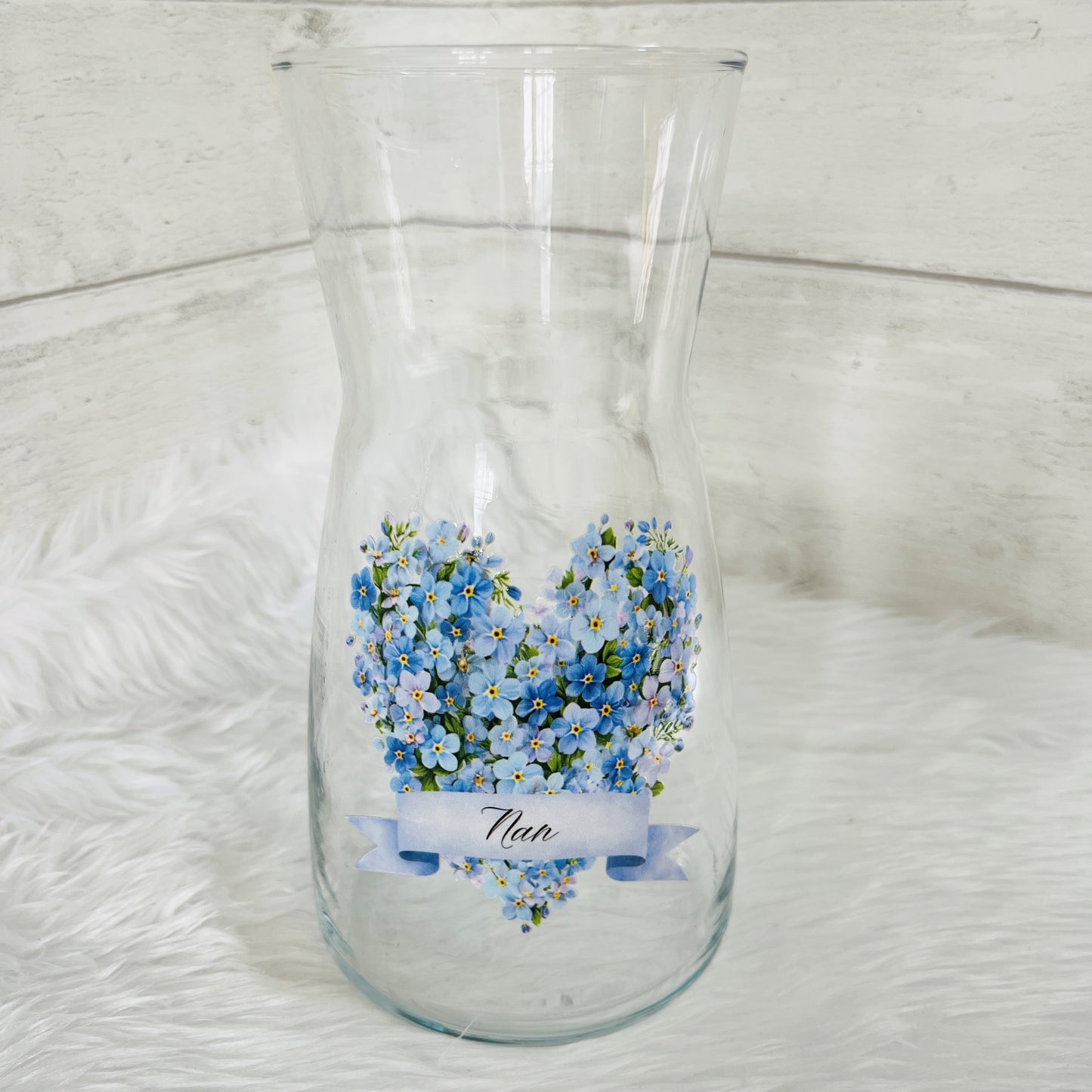 Clear Glass Vase with a forget me not design and the text 'Nan' on the front