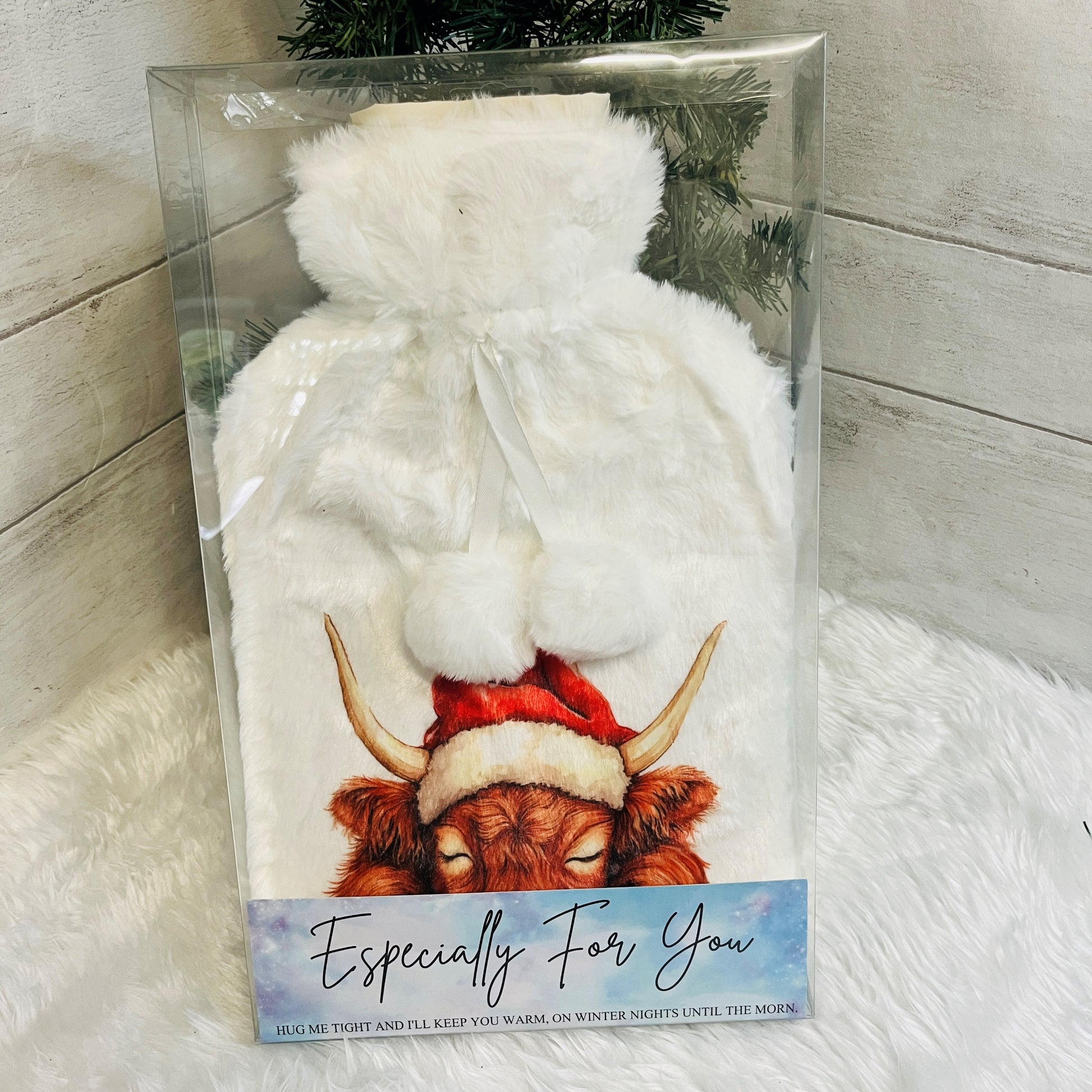 Highland Cow Hot Water Bottle in Clear Packaging