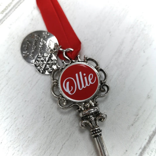 Metal Santa Key in Red with a personalised name and 2 hanging charms