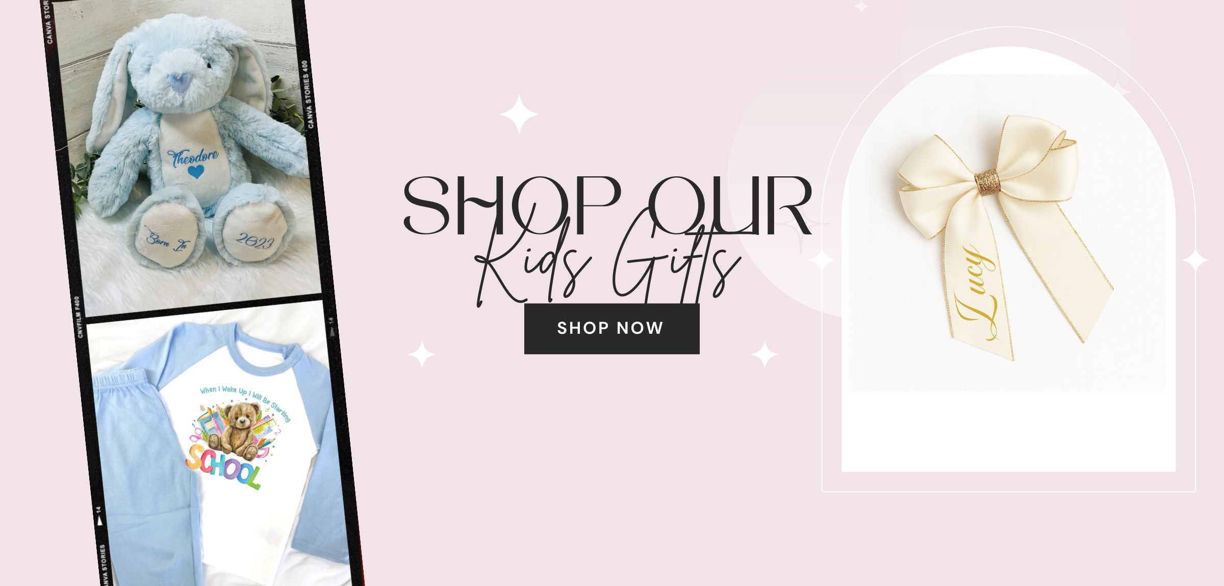 Promotional banner for kids' gifts with a teddy bear, pyjamas and personalised hair bow on a pink background.