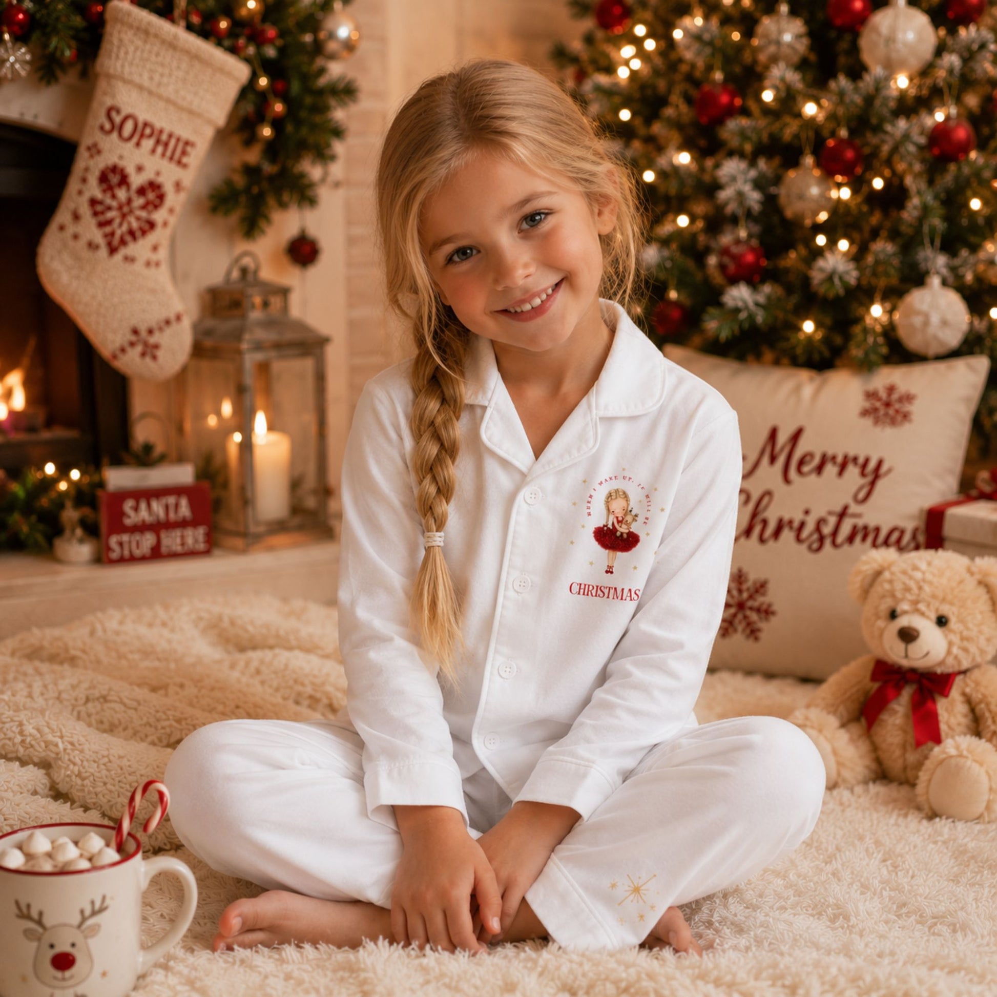 A young girl with blonde hair in a braid sits cross-legged on a fluffy cream rug in a cozy Christmas living room. She is wearing a white long-sleeve pajama top and matching pants with a red tutu ballerina holding a reindeer teddy  on the left lapel with the text 'When I wake up it will be christmas'