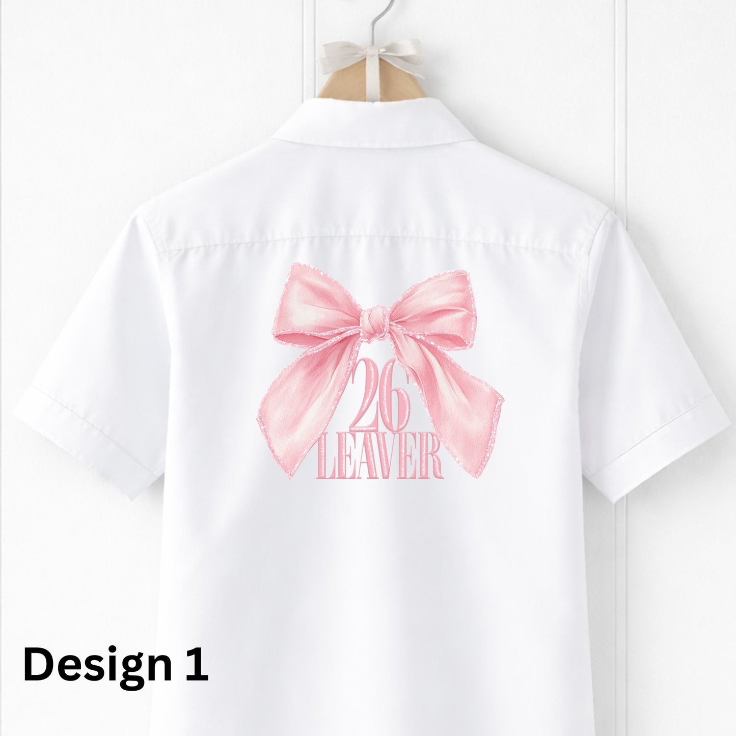 White shirt with pink bow and '26 LEAVER' text on a white background