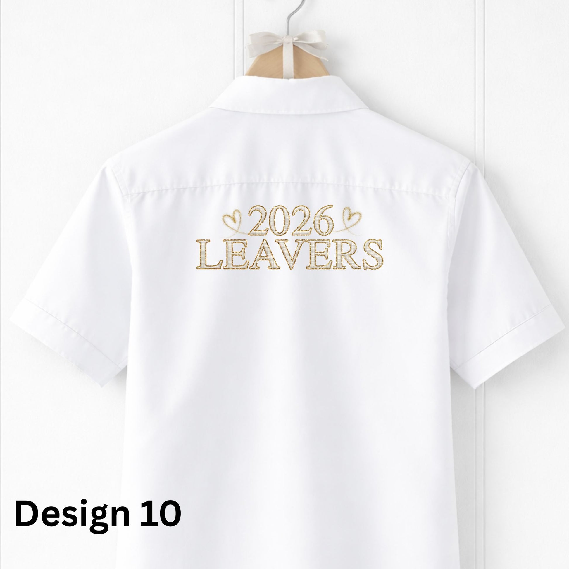White shirt with '2026 LEAVERS' text in an embroidery design on a hanger against a white background