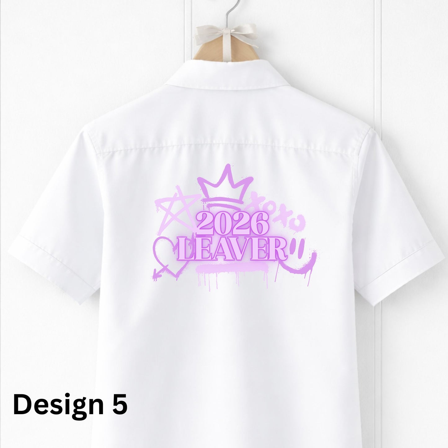 White shirt with purple '2026 Leaver' design on a hanger against a white background