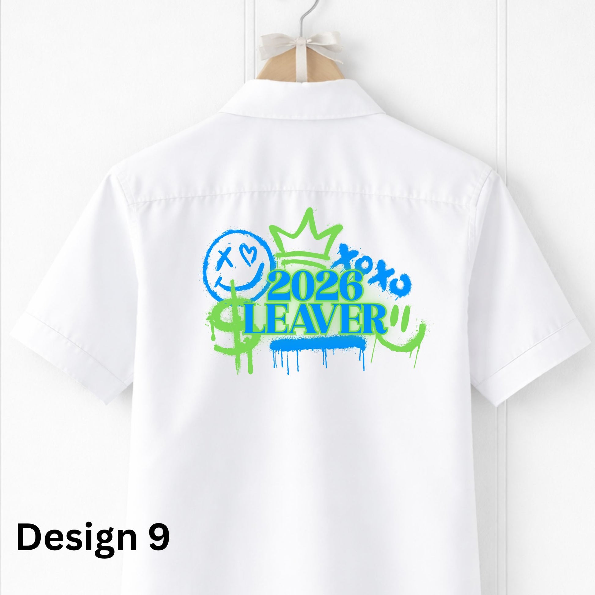White shirt with colorful 2026 Leavers design on a hanger against a white background