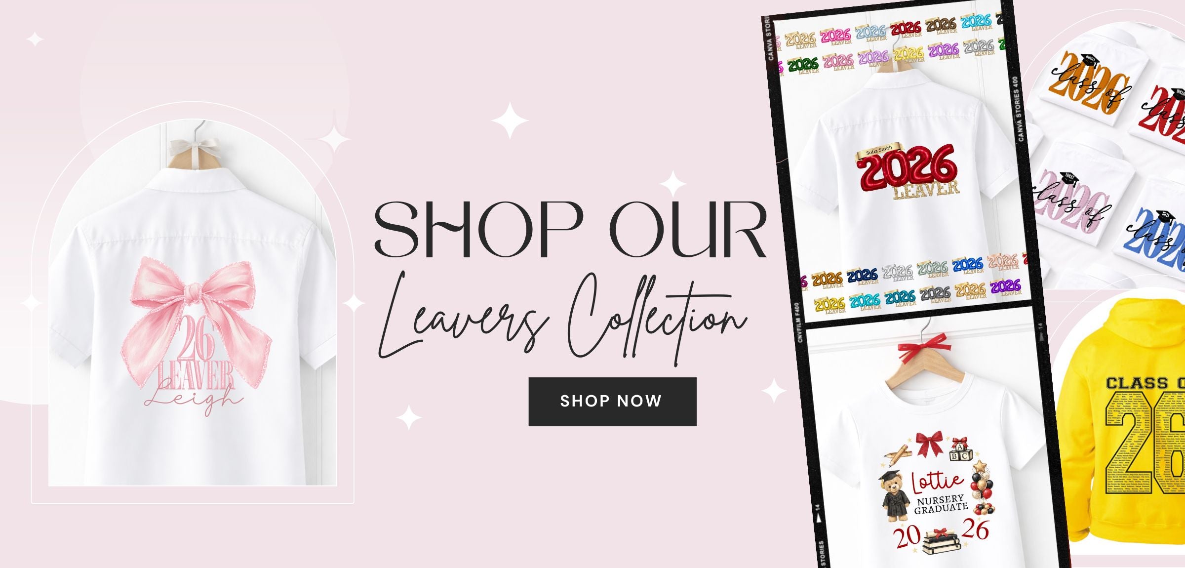 Promotional banner for a 'Leavers Collection' with customizable t-shirts on a pink background.