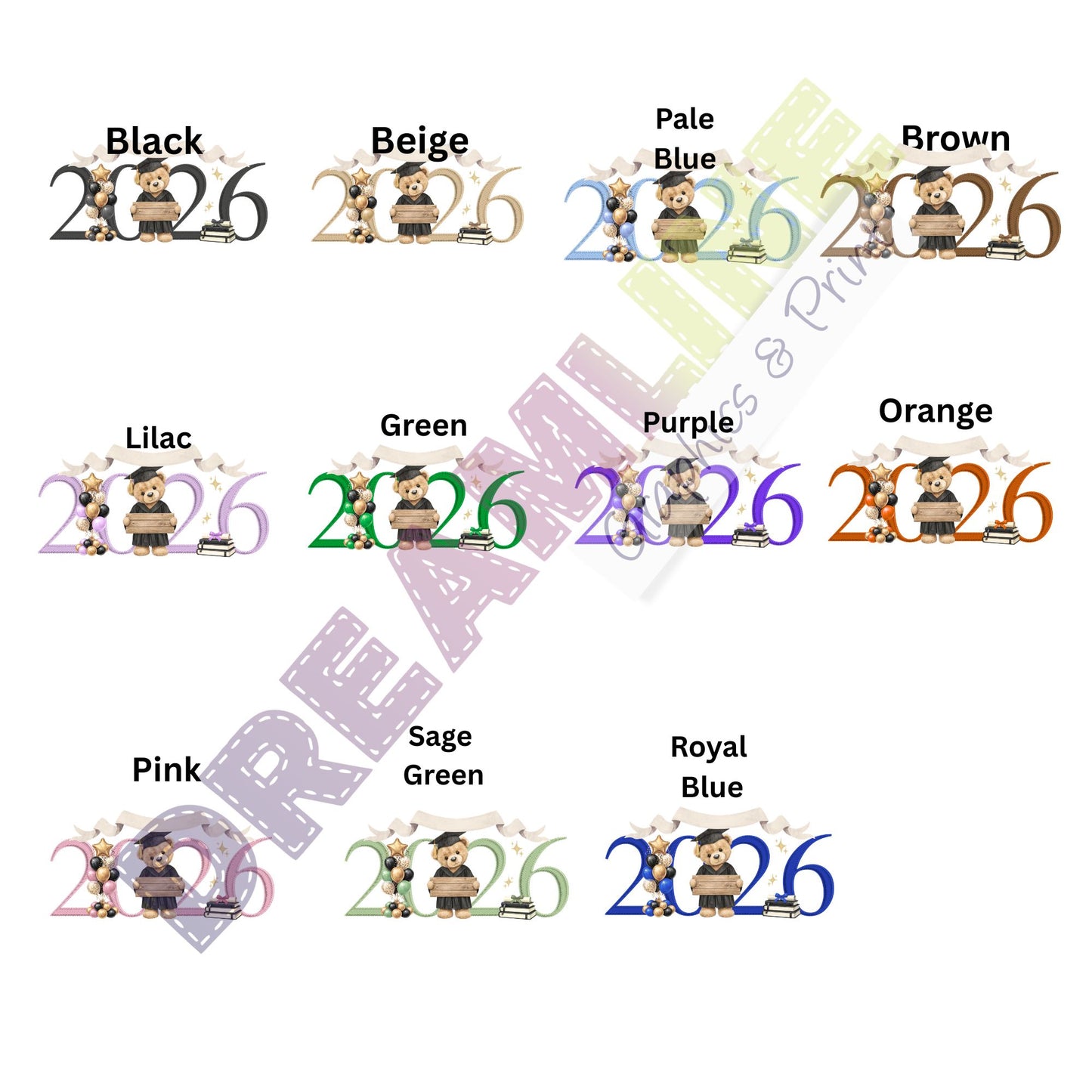 Color swatches with '2026' text and bear illustrations for various colors on a white background.