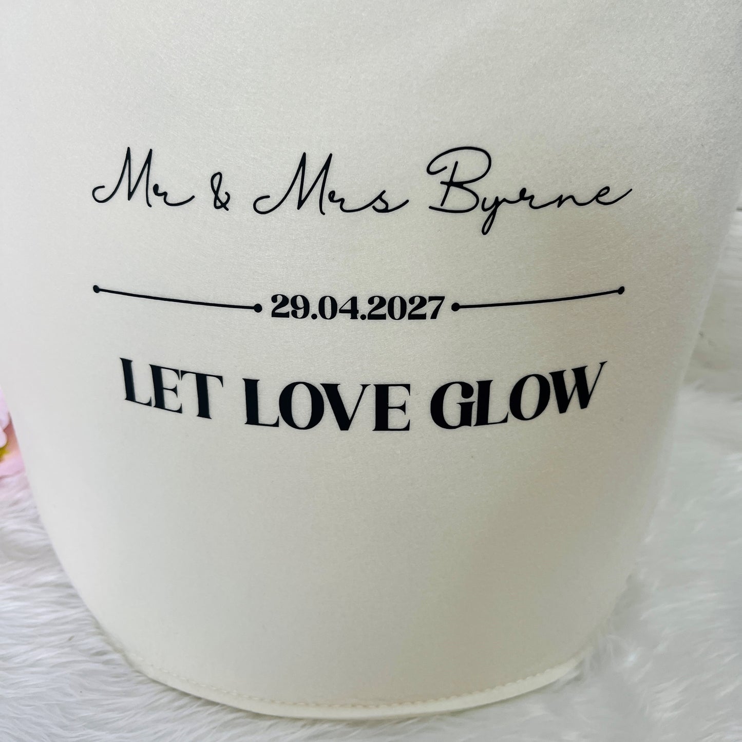 Cream Felt Trug with close up of Black text ' Let Love Glow' with name and date